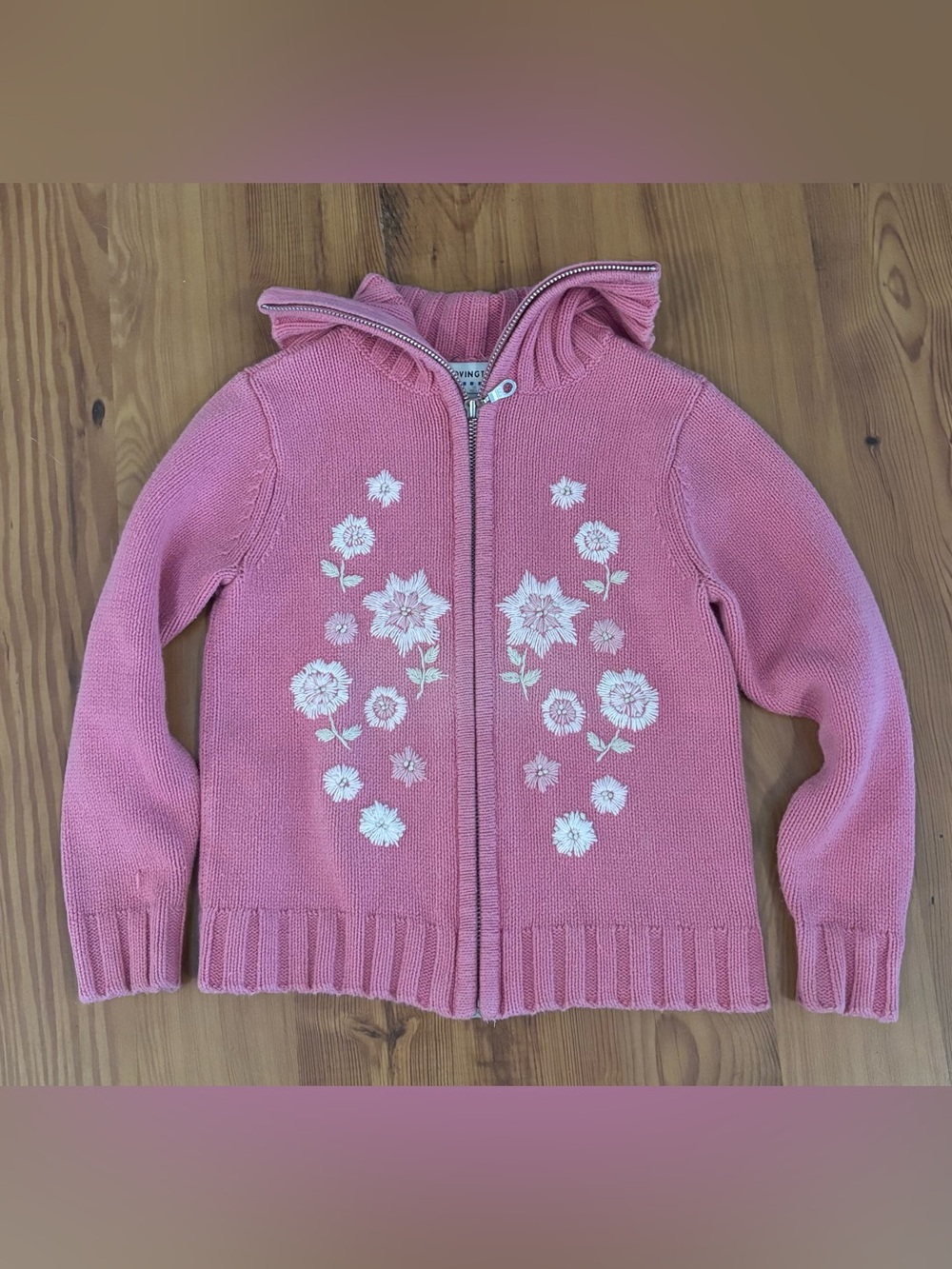 Covington Kids Vintage Sweater Size M 5/6 Pink Knit Zip Up Embroidered Floral